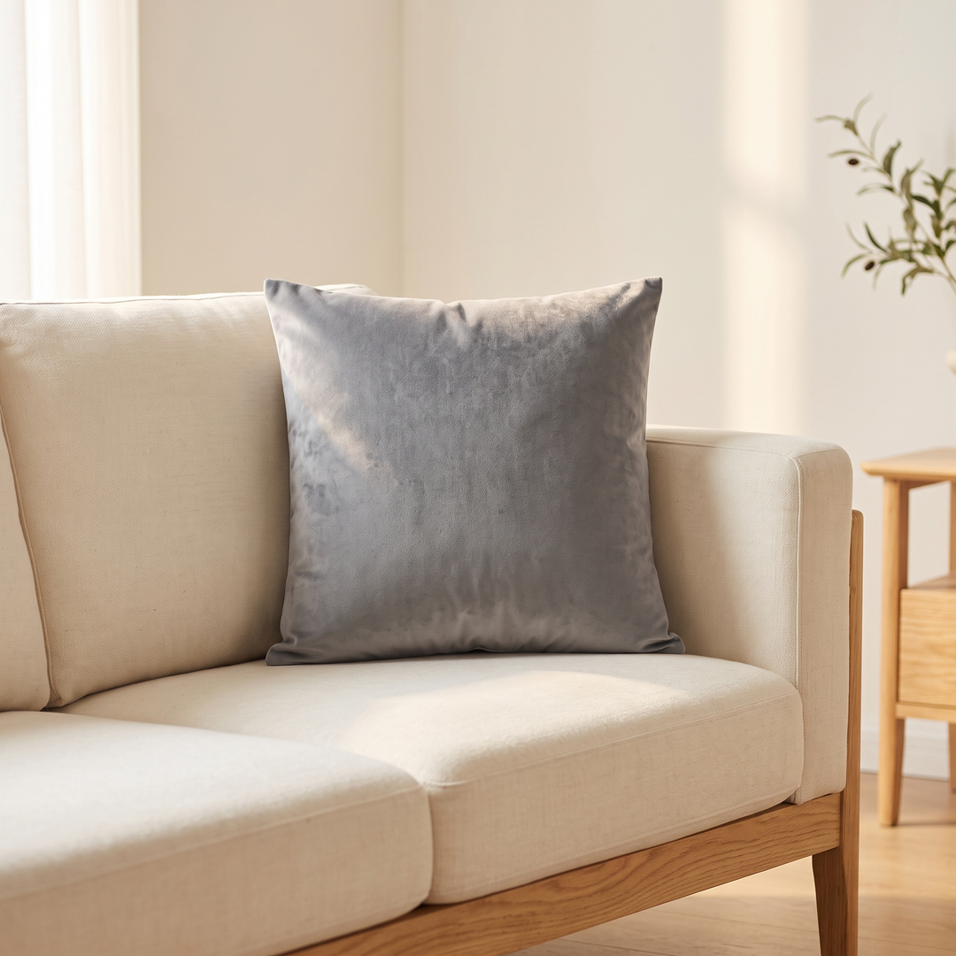 Velvet Pillow Cover in Gray – propped on a cream linen sofa with oak frame in sunlight