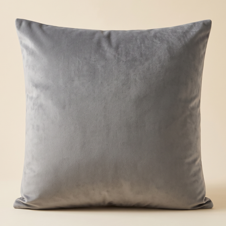 Velvet Pillow Cover in Gray – standing upright, front view, against a plain cream background