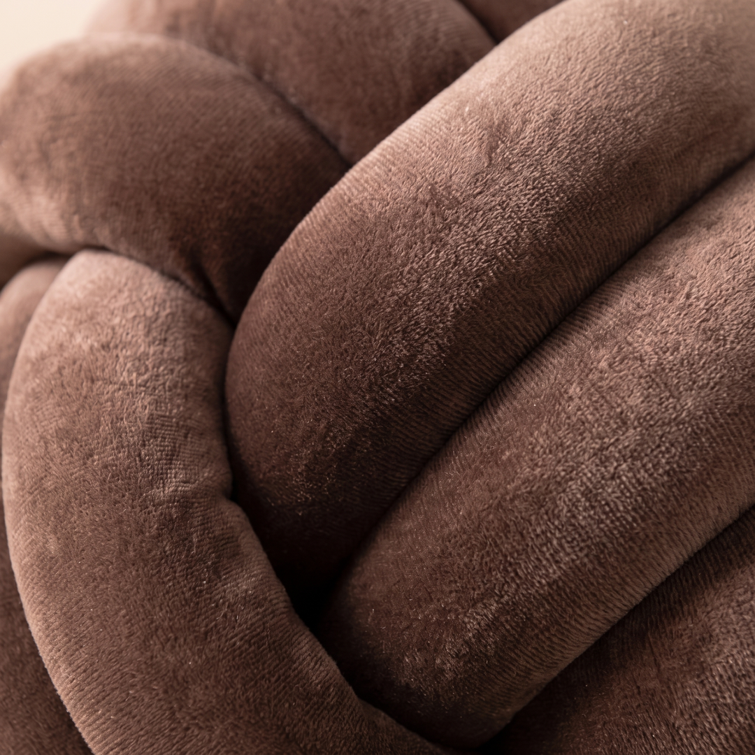 Velvet Knot Pillow in Chocolate Brown – close-up of the soft plush texture and knotted folds