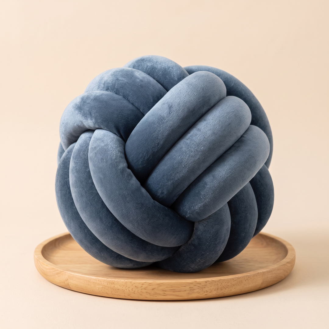 Velvet Knot Pillow in Denim Blue – sitting on top of a round wooden tray, eye-level side view