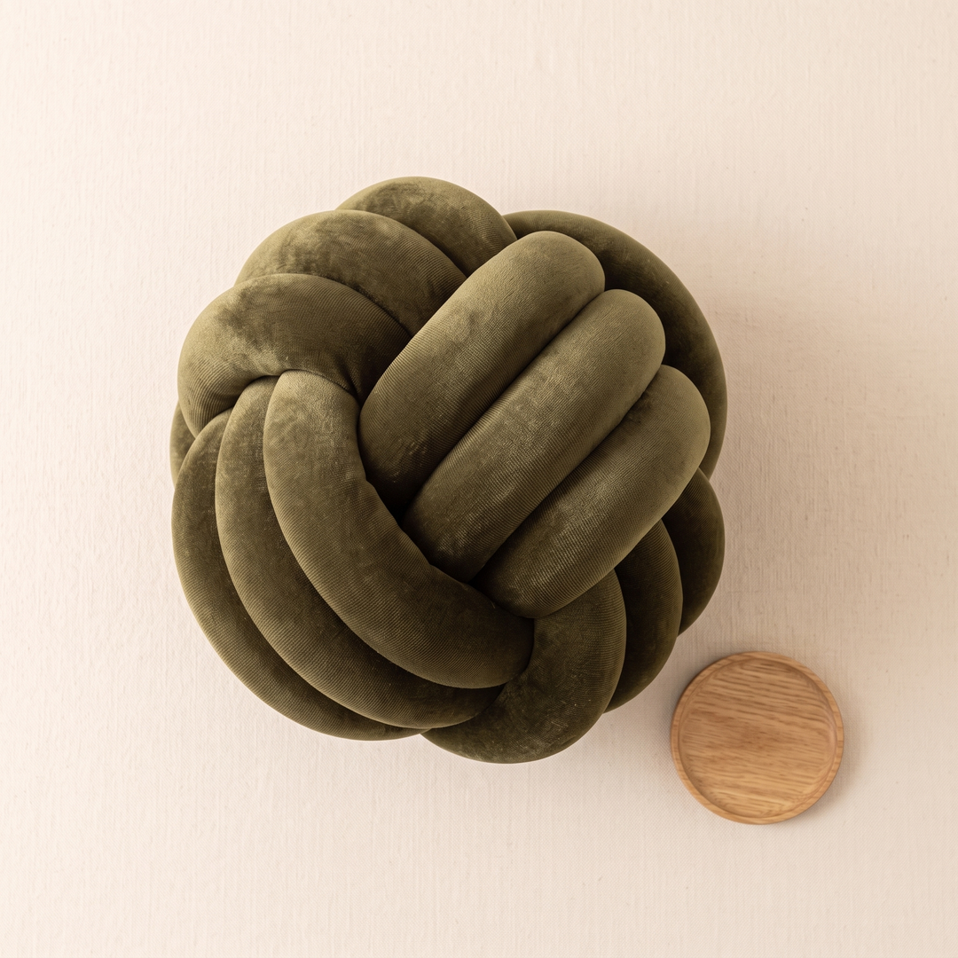 Velvet Knot Pillow in Olive Green – overhead view beside a small round wooden tray on a cream background