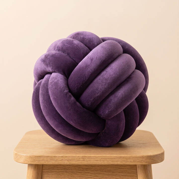 Velvet Knot Pillow in Purple – resting on a small light wooden stool