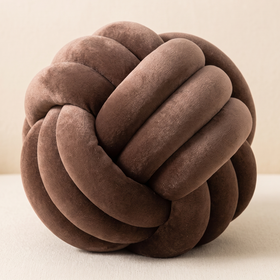 Velvet Knot Pillow in Chocolate Brown – front view on a cream surface against a plain beige wall