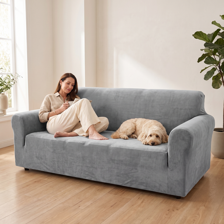 Velvet Stretch Sofa Cover in Gray – with a woman relaxing and a dog lying on it