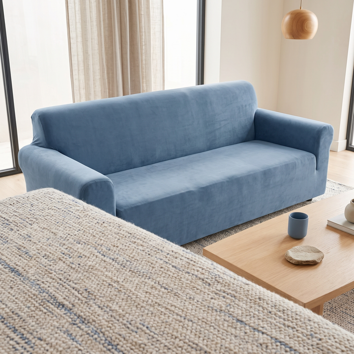 Velvet Stretch Sofa Cover in Blue – past a woven throw, mug and dish on coffee table