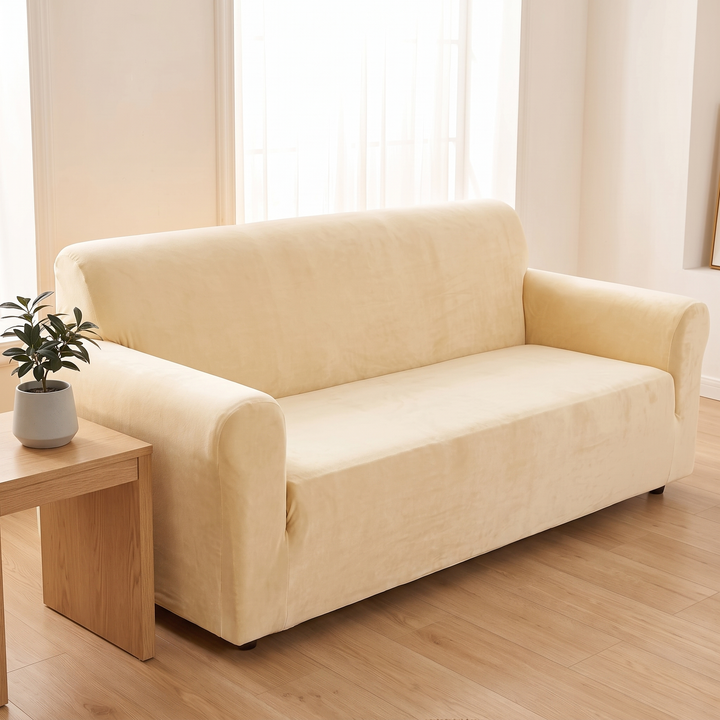 Velvet Stretch Sofa Cover in Cream – angled view beside a wooden side table with potted plant