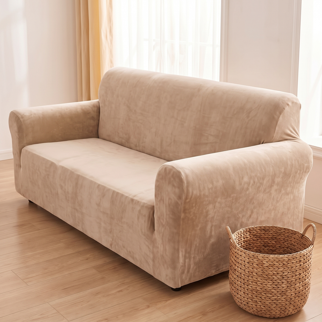 Velvet Stretch Sofa Cover in Oat – on a loveseat beside a woven basket and sheer curtains