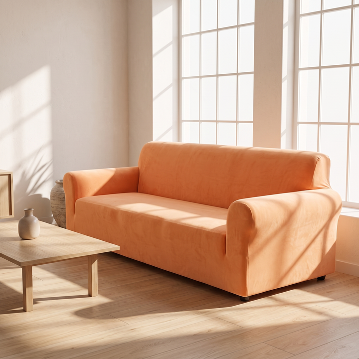Velvet Stretch Sofa Cover in Orange – beside a low table with ceramic vase in strong sunlight