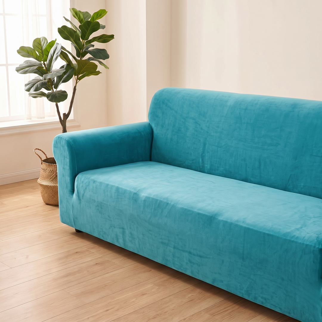 Velvet Stretch Sofa Cover in Turquoise – cropped view with leafy fig tree by window