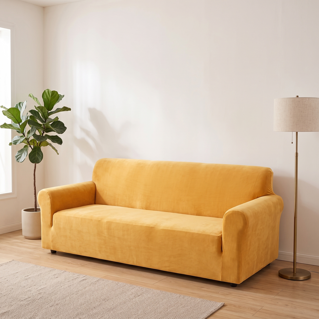 Velvet Stretch Sofa Cover in Yellow – flanked by potted fig and floor lamp, rug in front