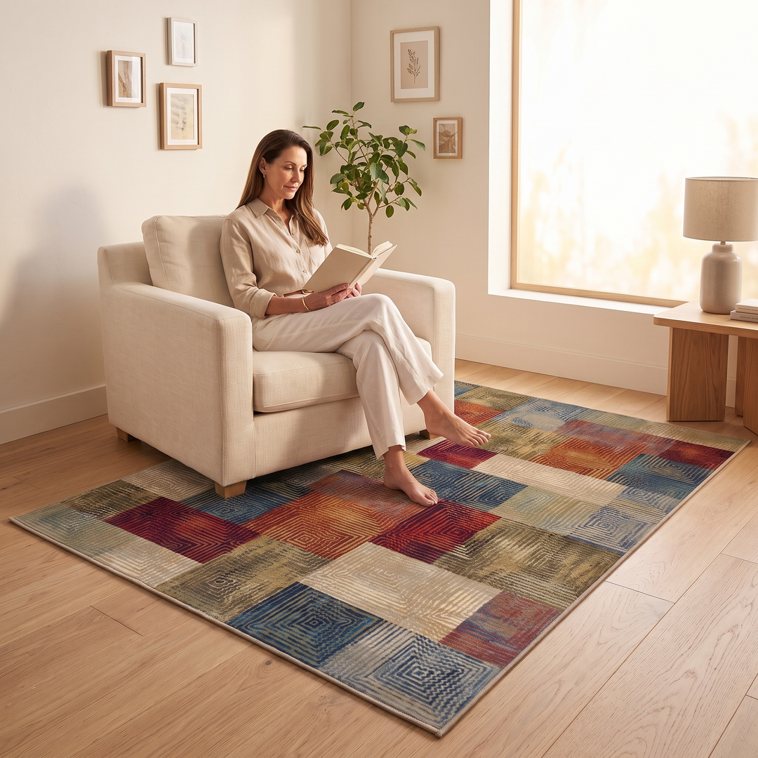 Vintage Patchwork Rug – Washable in Multicolor – woman reading in an armchair with bare feet on rug