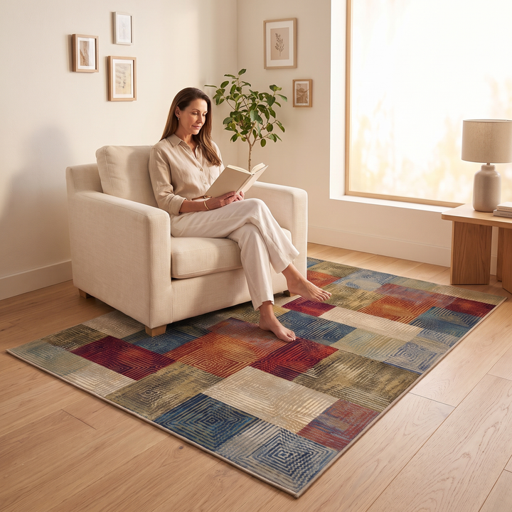 Vintage Patchwork Rug – Washable in Multicolor – woman reading in an armchair with bare feet on rug