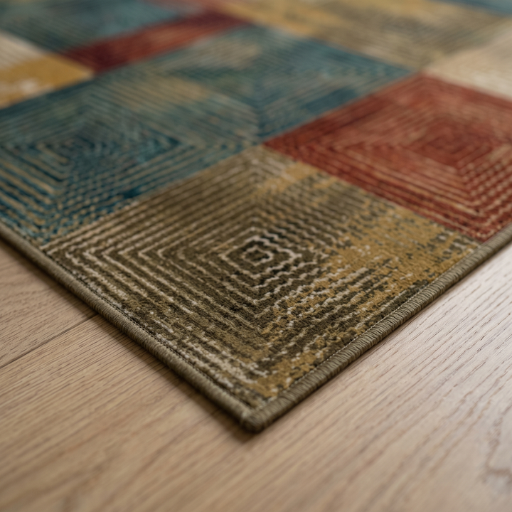 Vintage Patchwork Rug – Washable in Multicolor – close-up of a rug corner on light wood flooring