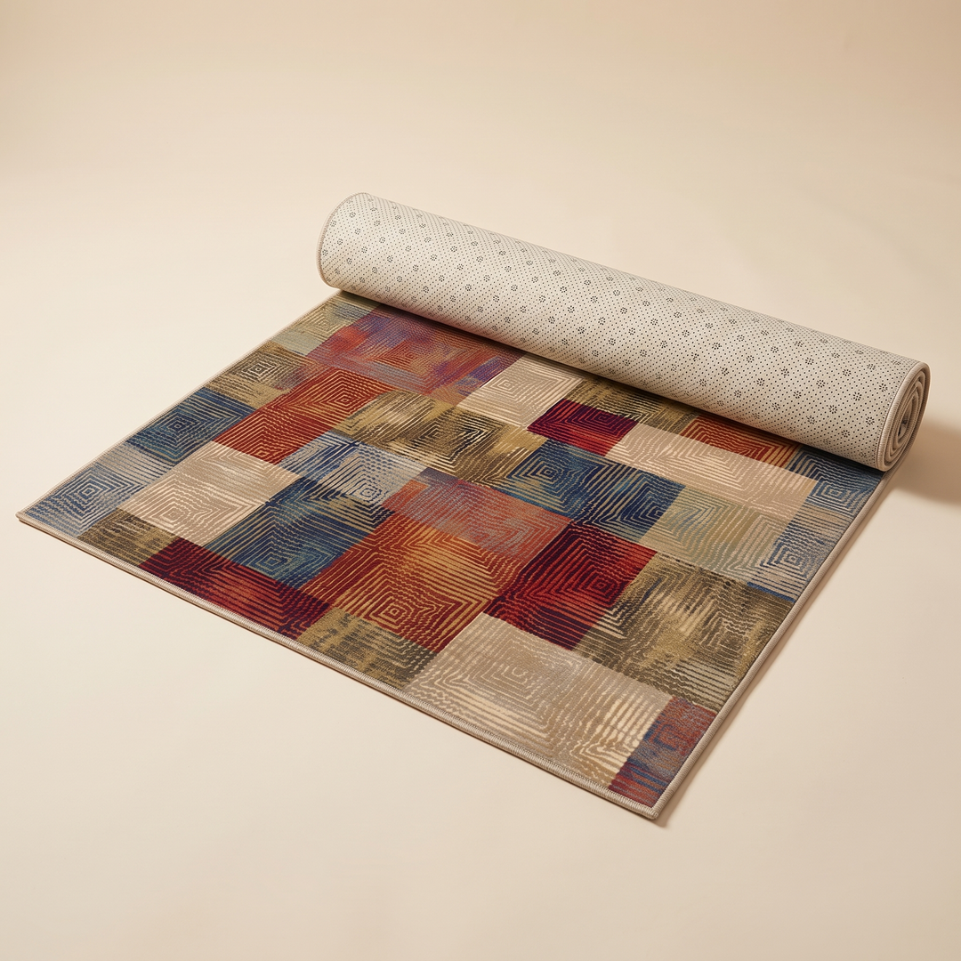 Vintage Patchwork Rug – Washable in Multicolor – partly rolled up on a plain cream background showing the dotted non-slip backing