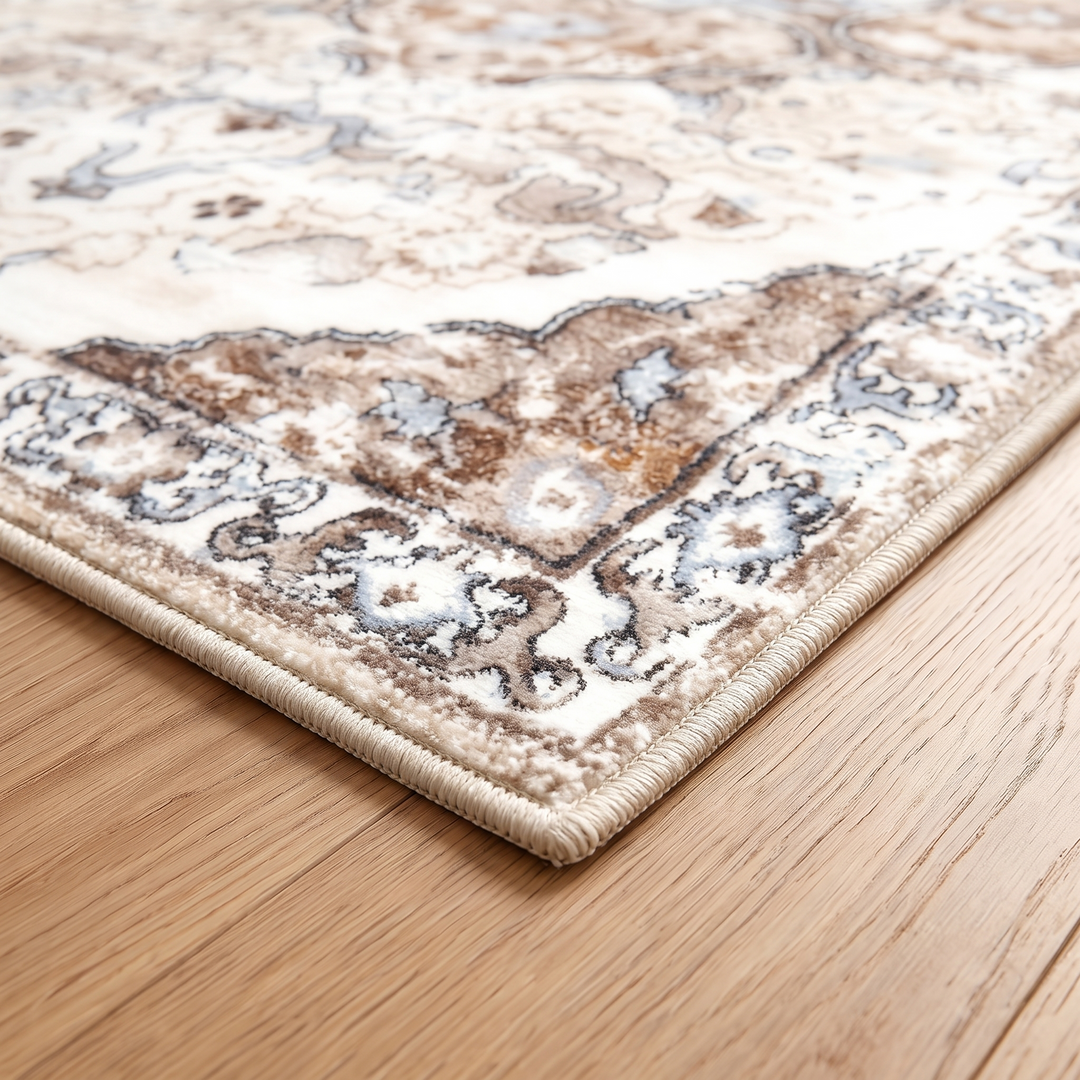 Vintage Persian-Style Runner Rug – Non-Slip in Cream – Medallion – close-up of one corner and bound edge on a wood floor