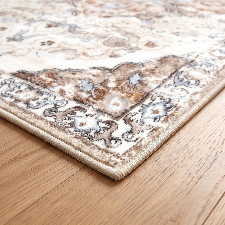 Vintage Persian-Style Runner Rug – Non-Slip in Cream – Medallion – close-up of one corner and bound edge on a wood floor