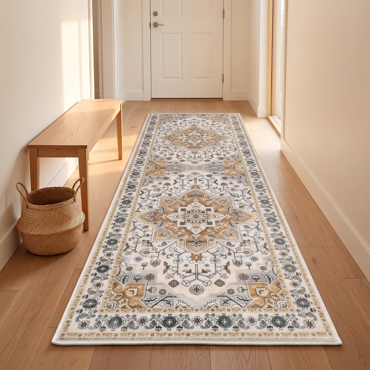 Vintage Persian-Style Runner Rug – Non-Slip in Gold – Medallion – in a sunlit entryway leading to a white front door