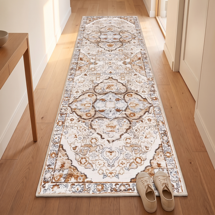 Vintage Persian-Style Runner Rug – Non-Slip in Rust – Medallion – from above with a pair of sneakers at one end