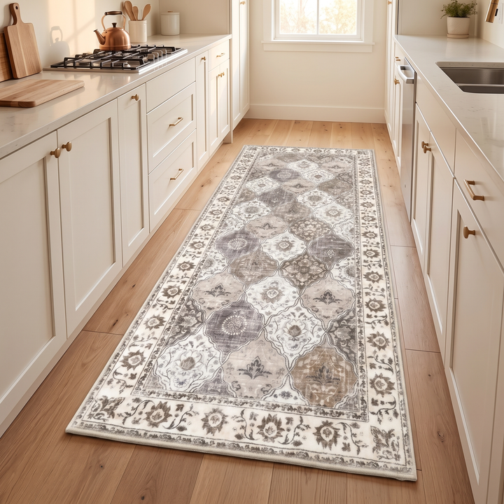 Vintage Persian-Style Runner Rug – Non-Slip in Taupe – Tile – lengthwise between cream cabinets on a bright kitchen floor