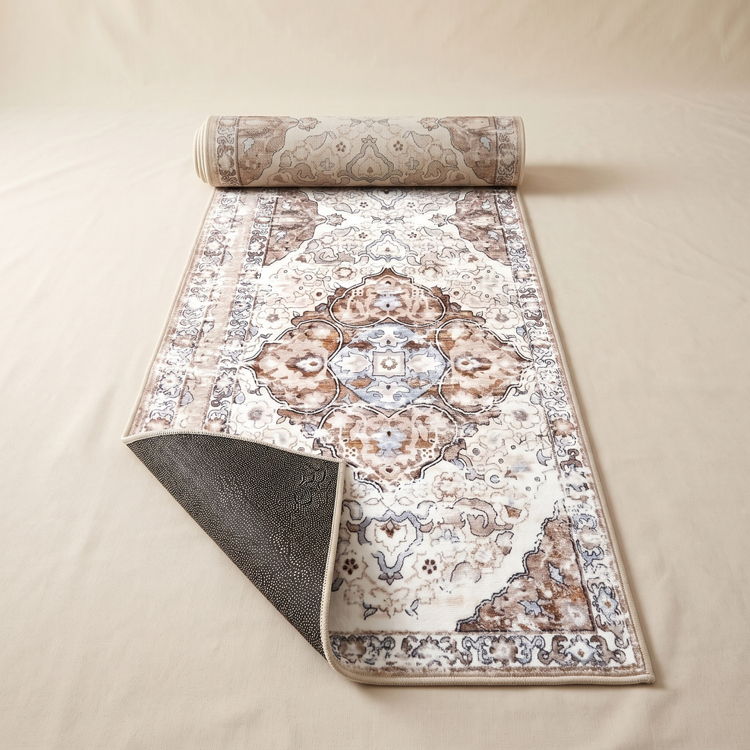 Vintage Persian-Style Runner Rug – Non-Slip in Cream – Medallion – partly rolled up with one corner flipped to show the dark textured non-slip backing