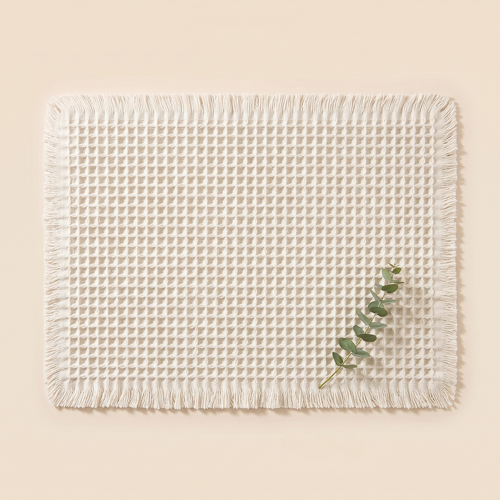 Waffle Bath Mat with Tassels in Off-White – overhead view with a eucalyptus sprig resting on the corner
