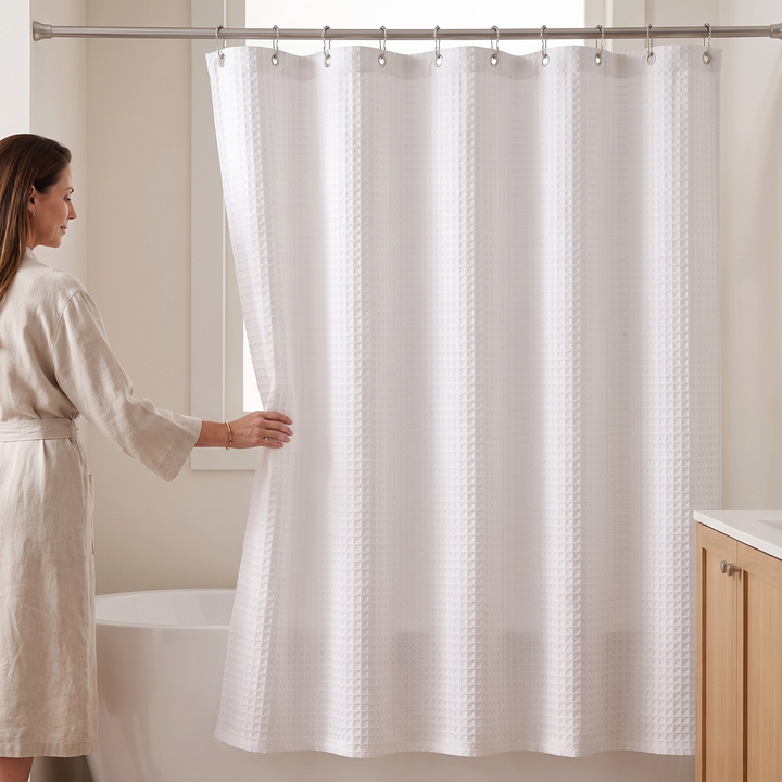 Fabric Shower Curtain – Waffle Weave in White – pulled aside by a woman in a robe in a bathroom