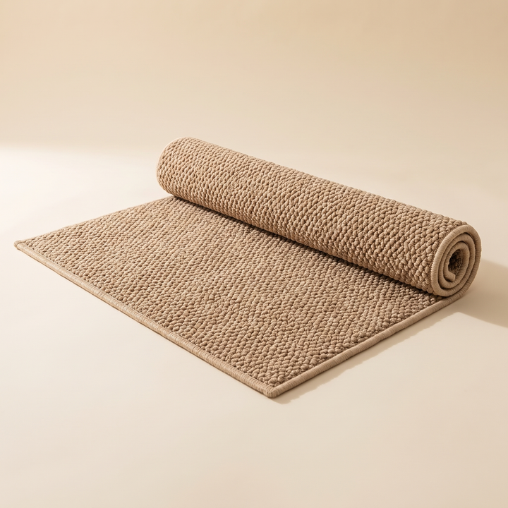 Indoor Door Mat – Washable, Non-Slip in Beige – partially rolled up from one end on a plain studio backdrop