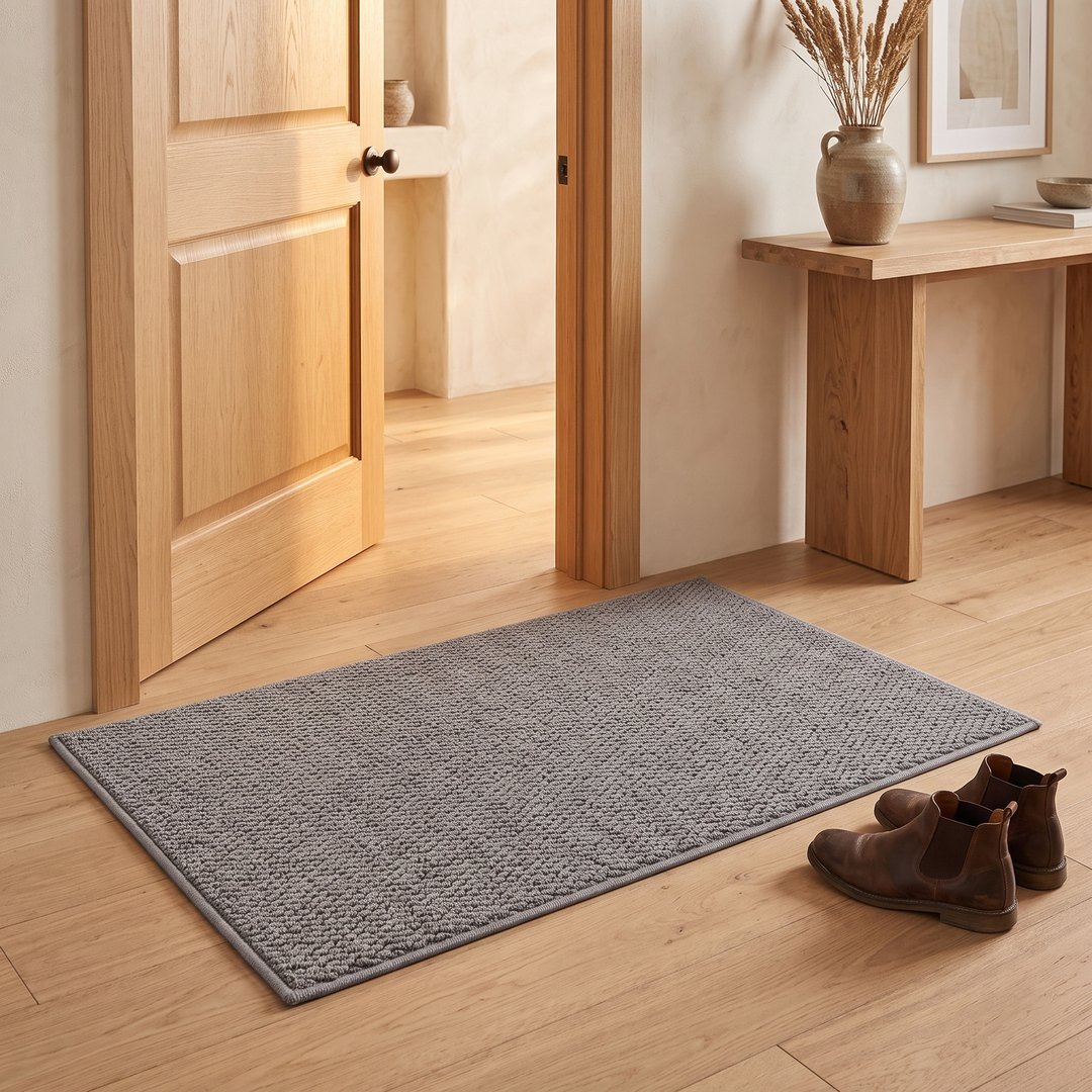 Indoor Door Mat – Washable, Non-Slip in Gray – on a wood floor in an entryway beside boots
