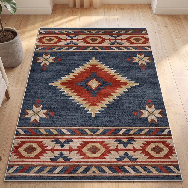 Washable Kilim-Style Rug in Blue Kilim – flat on light wood flooring beside a potted plant and armchair, seen from above