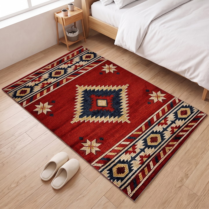 Washable Kilim-Style Rug in Red Kilim – angled view with slippers in front and a nightstand behind