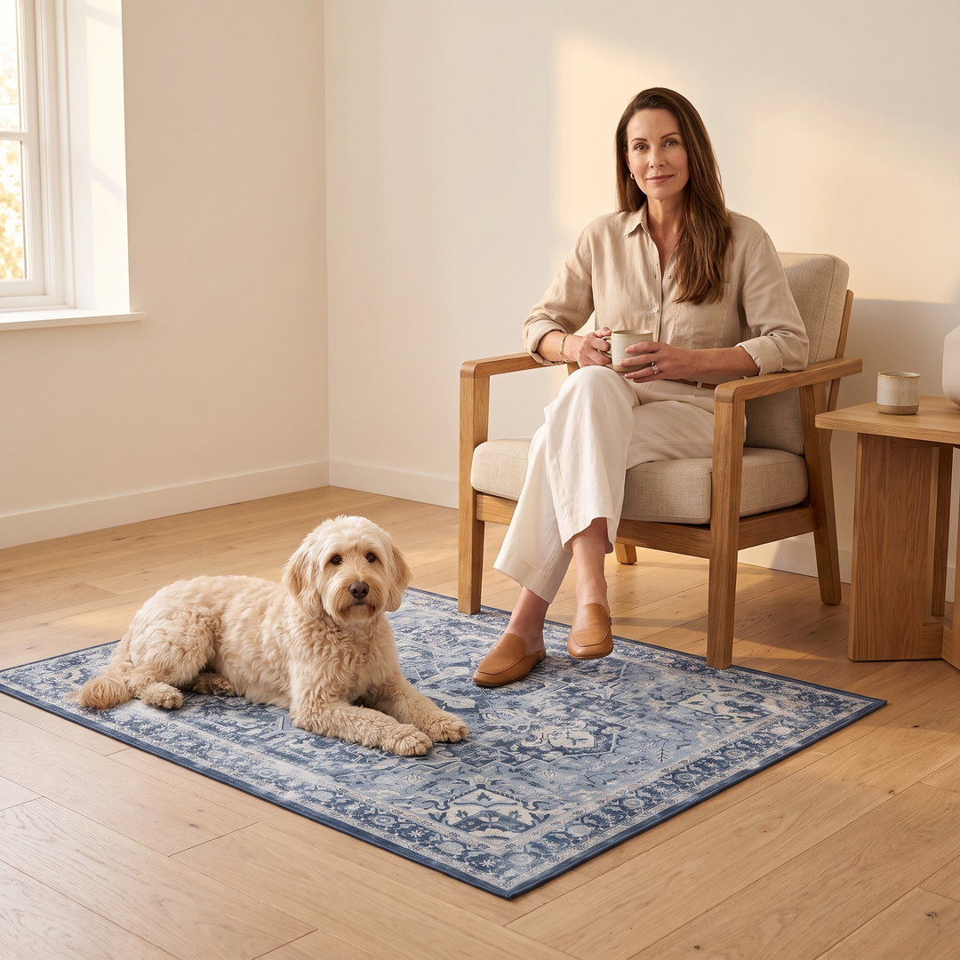 Washable Vintage Persian-Style Rug in Blue Medallion – under a seated woman and resting golden doodle in a sunlit room