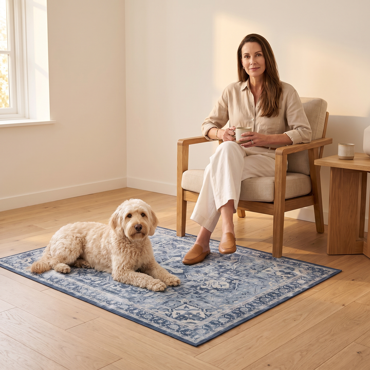 Washable Vintage Persian-Style Rug in Blue Medallion – under a seated woman and resting golden doodle in a sunlit room