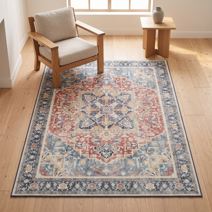 Washable Vintage Persian-Style Rug in Red Medallion – under a wooden armchair and side table near a window
