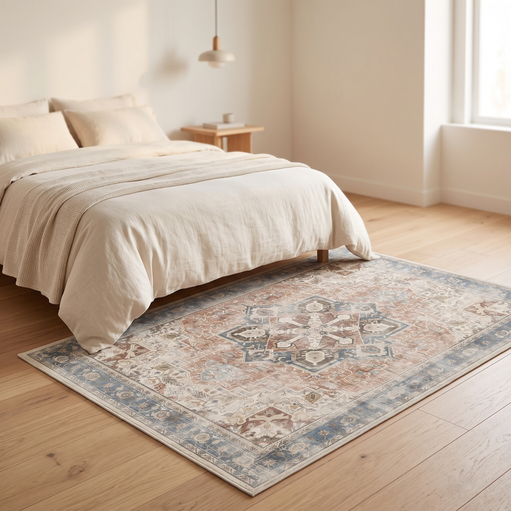Washable Vintage Persian-Style Rug in Terracotta Medallion – beside a linen-covered bed in a sunlit bedroom