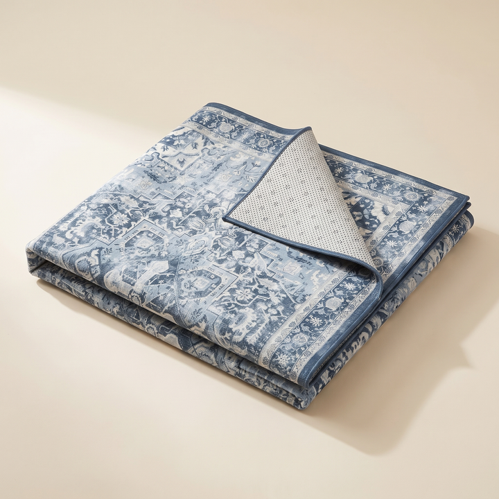 Washable Vintage Persian-Style Rug in Blue Medallion – folded in a neat stack on a plain cream background