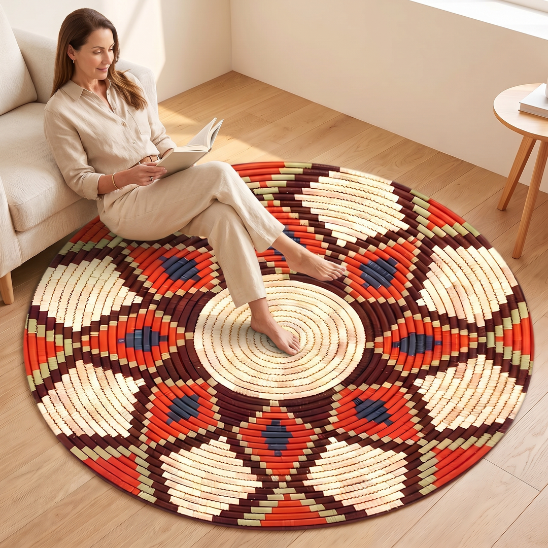 Washable Round Rug – Boho Print in Rust – Diamond – woman seated beside sofa reading, bare feet on rug