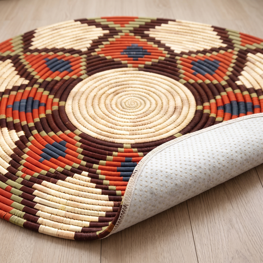Washable Round Rug – Boho Print in Rust – Diamond – edge folded back to show the white dotted non-slip backing