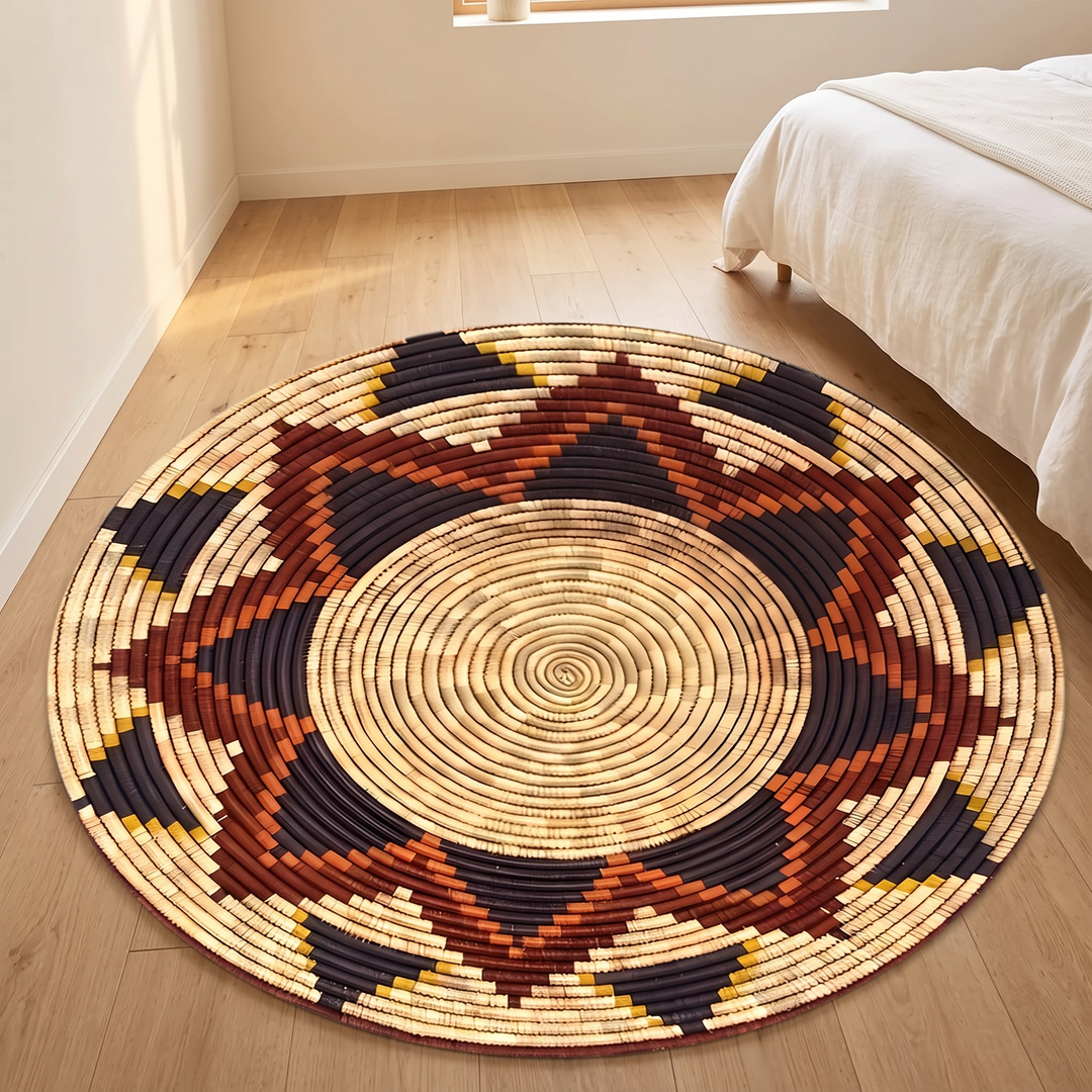 Washable Round Rug – Boho Print in Camel – Star Ring – on a light wood bedroom floor beside a white bed