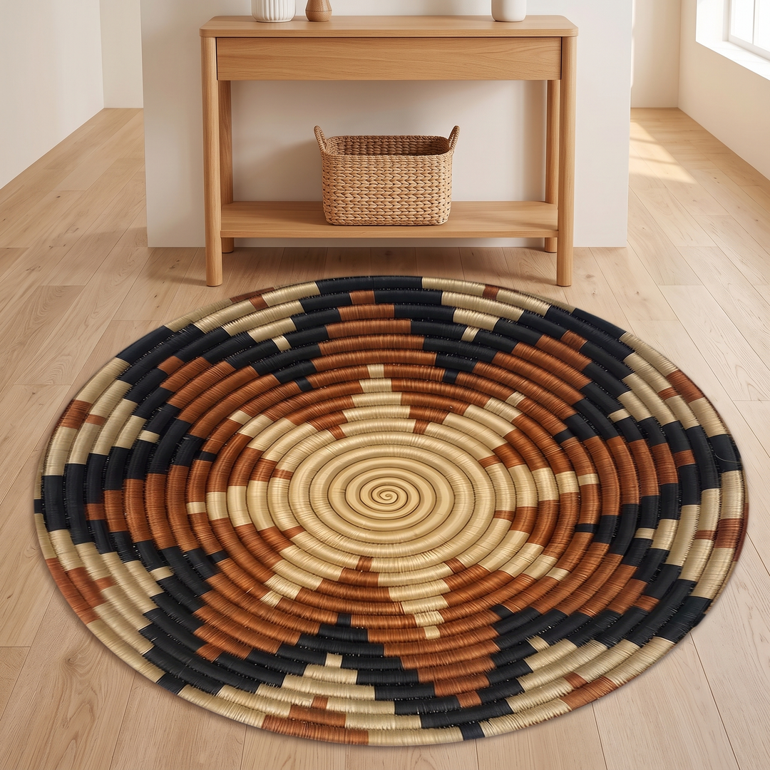 Washable Round Rug – Boho Print in Caramel – Star – in a hallway in front of a wooden console table with basket