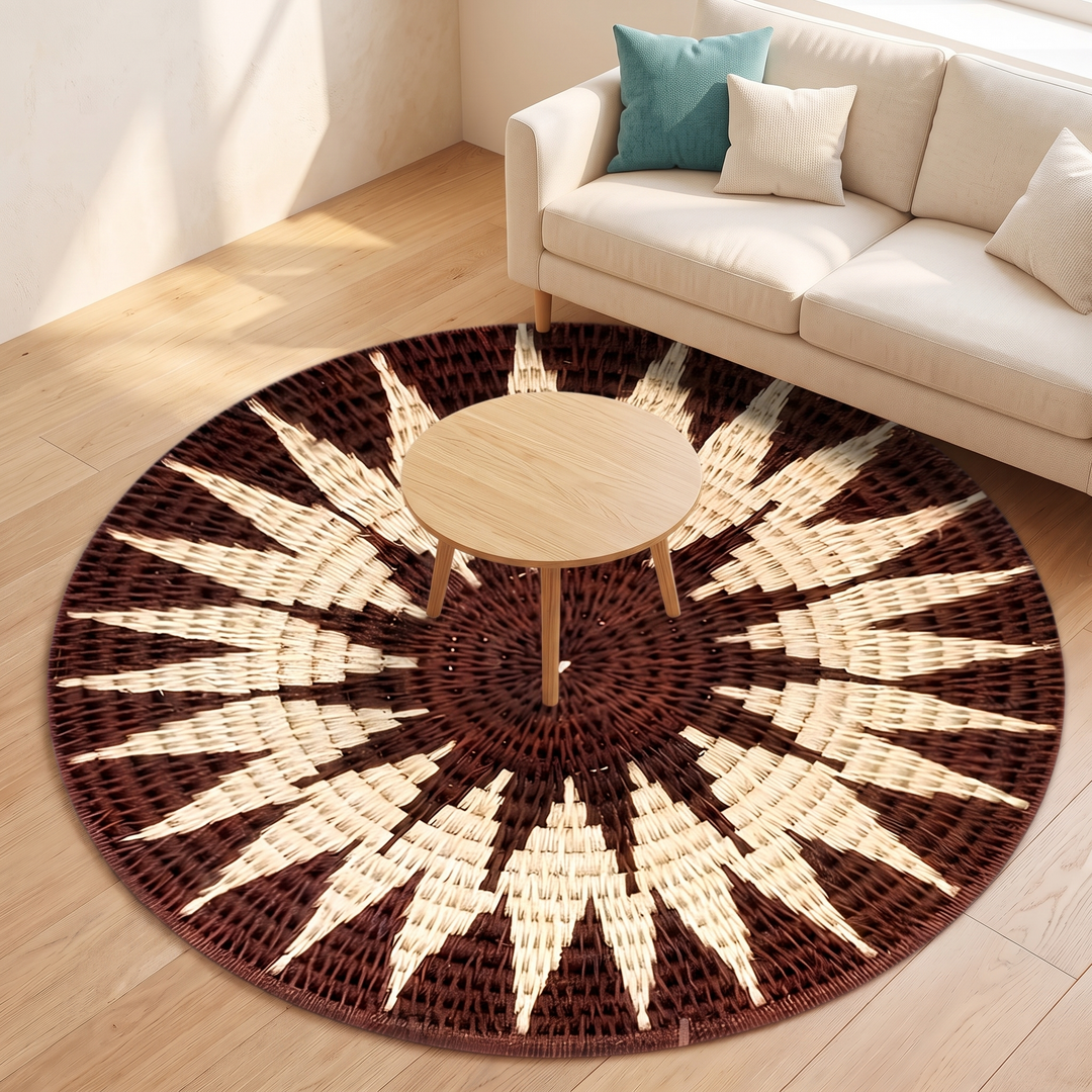 Washable Round Rug – Boho Print in Chocolate Brown – Sunburst – under a round wood table in front of a sofa