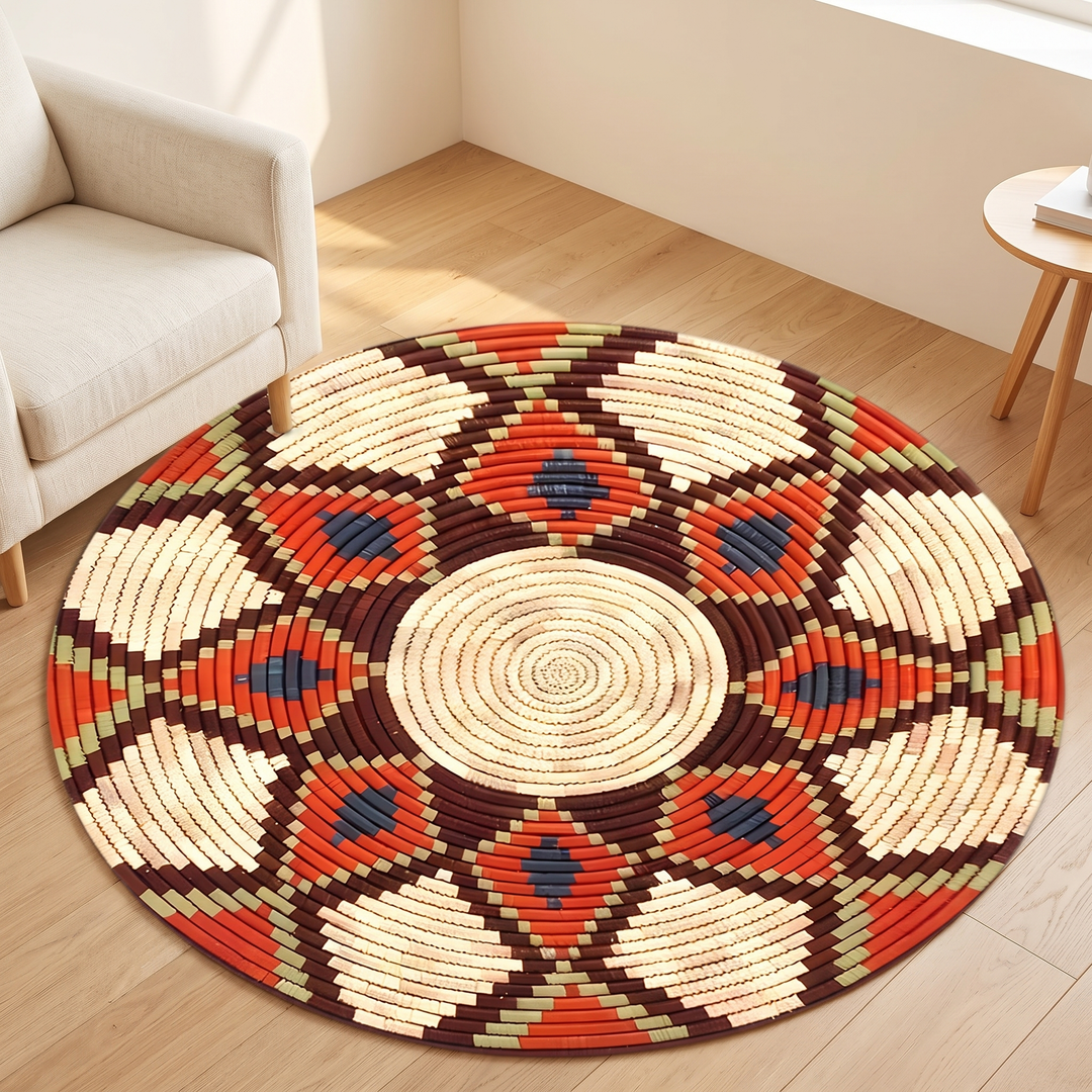 Washable Round Rug – Boho Print in Rust – Diamond – flat on a light wood floor beside a cream armchair