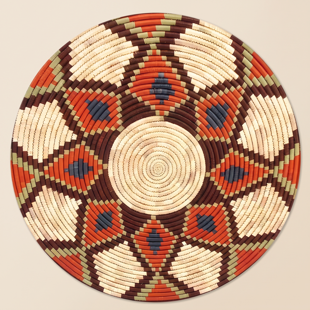 Washable Round Rug – Boho Print in Rust – Diamond – overhead view of full round design on plain backdrop