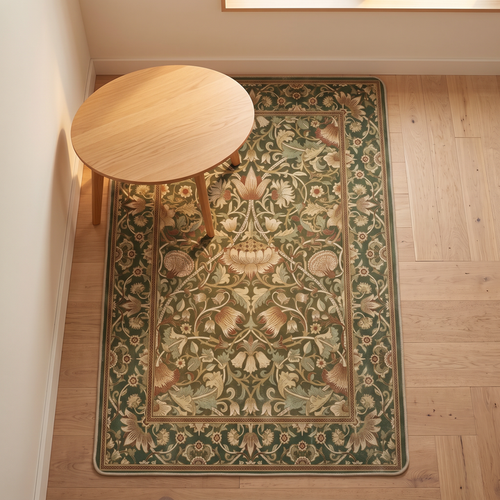 Washable Vintage Floral Rug in Olive Floral – seen from above under a round wooden side table by a window