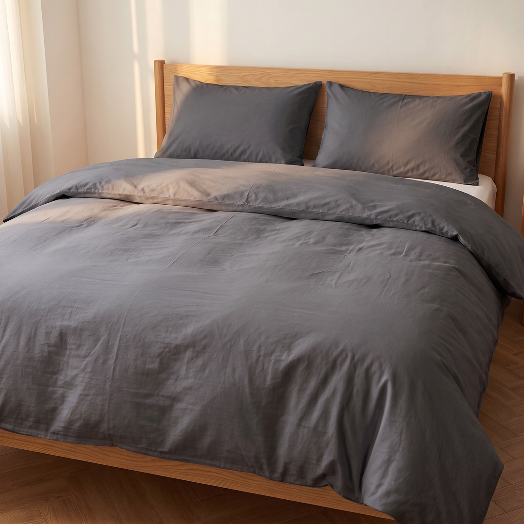 Washed Cotton Duvet Cover Set in Dark Gray