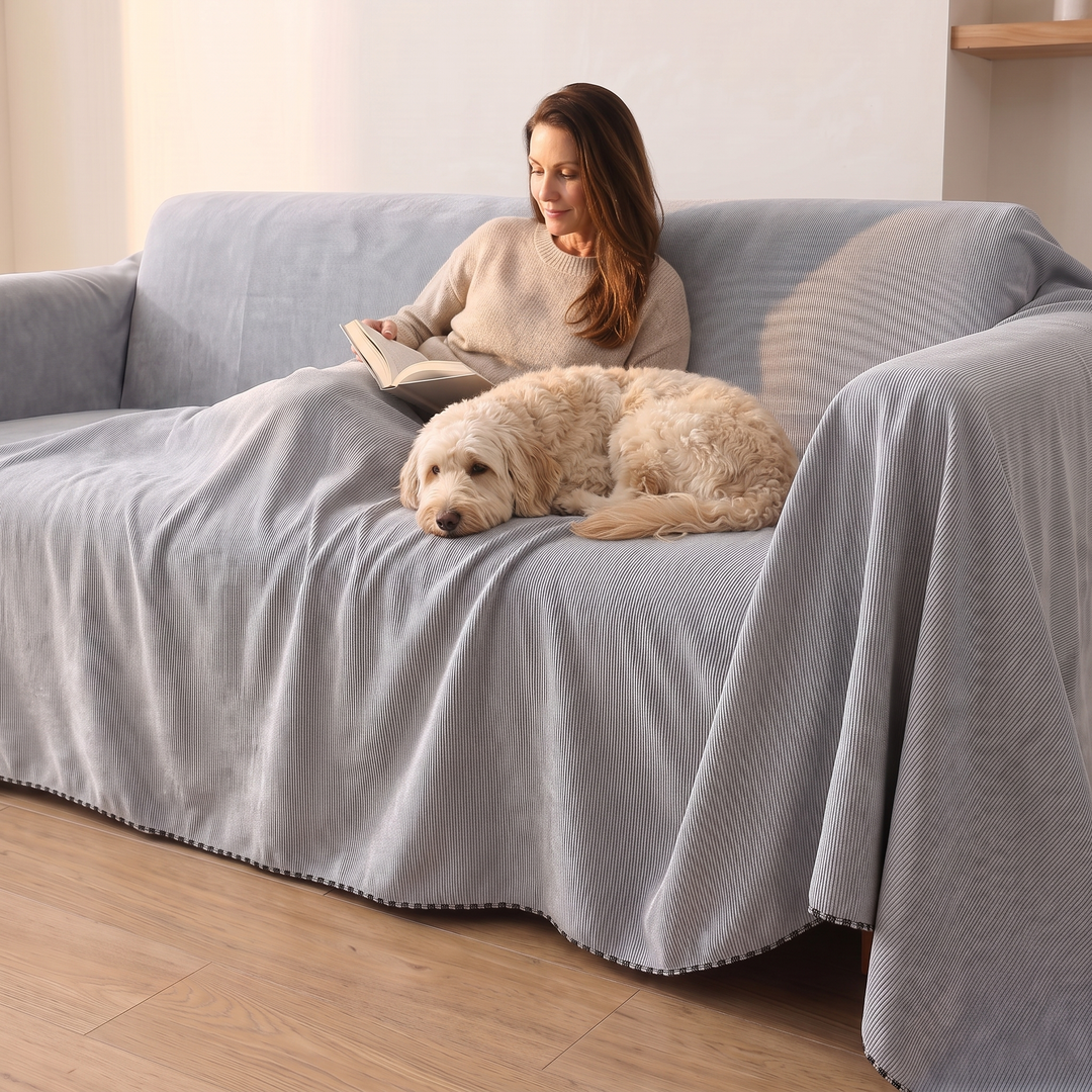 Water-Resistant Couch Cover – Throw Style in Gray – covering a sofa while a woman reads with a dog
