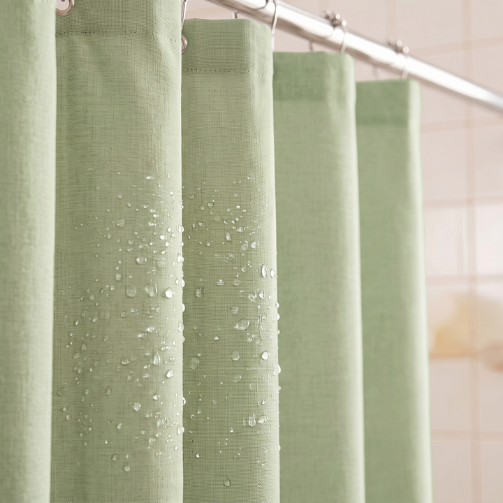 Water droplets beading on the green fabric shower curtain