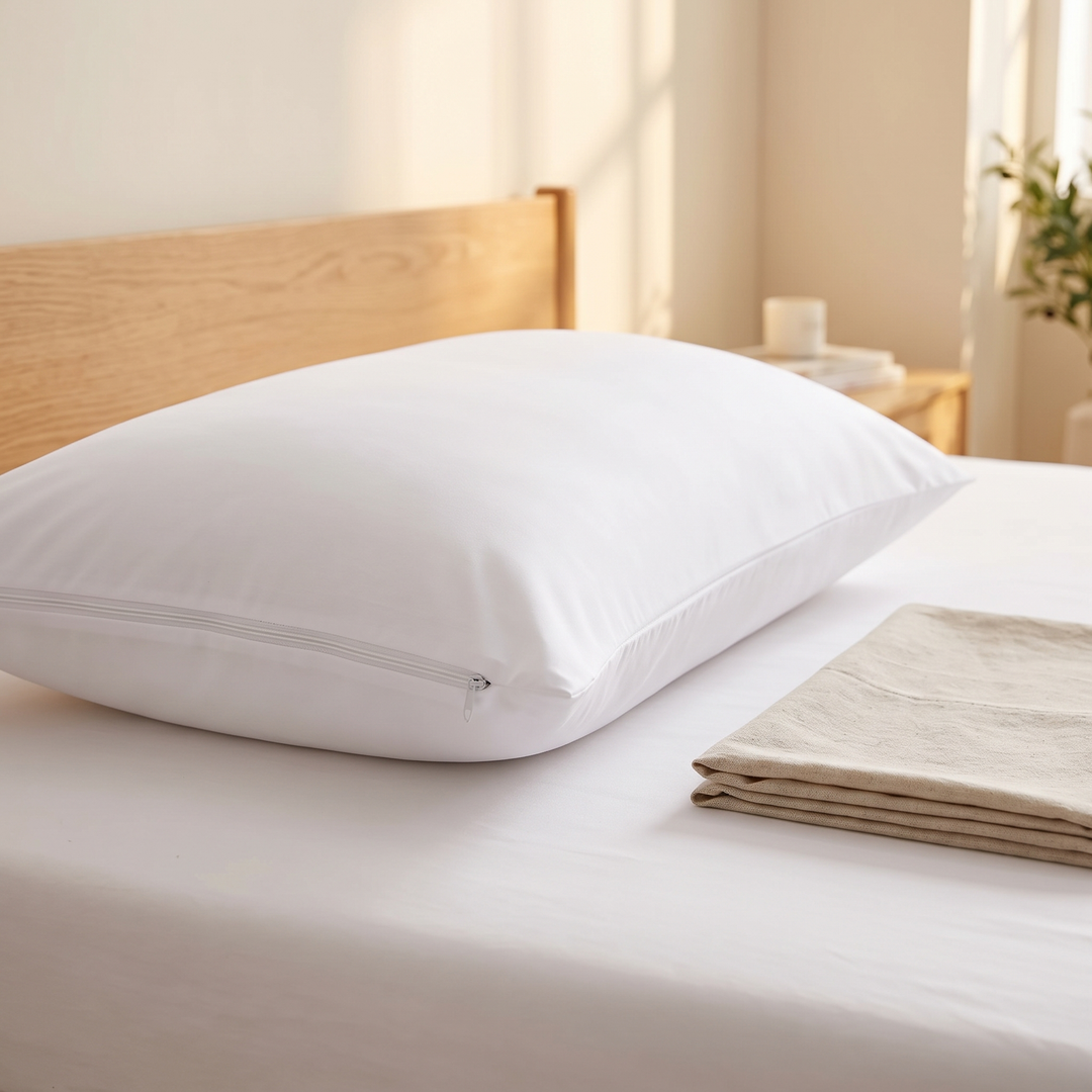 Waterproof Pillow Protector in White – on a bed beside a folded linen throw, wooden headboard behind