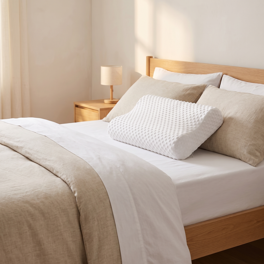 Memory Foam Pillow – Wave Contour in White – resting on a made bed beside linen pillows in a sunlit bedroom