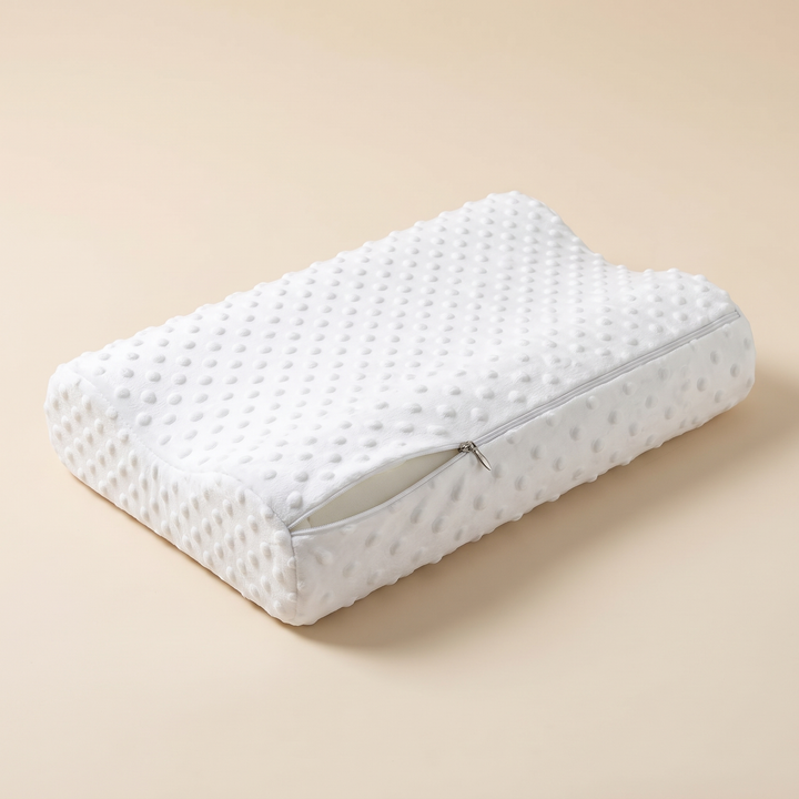 Memory Foam Pillow – Wave Contour in White – angled view on a plain beige background, zipper partly open