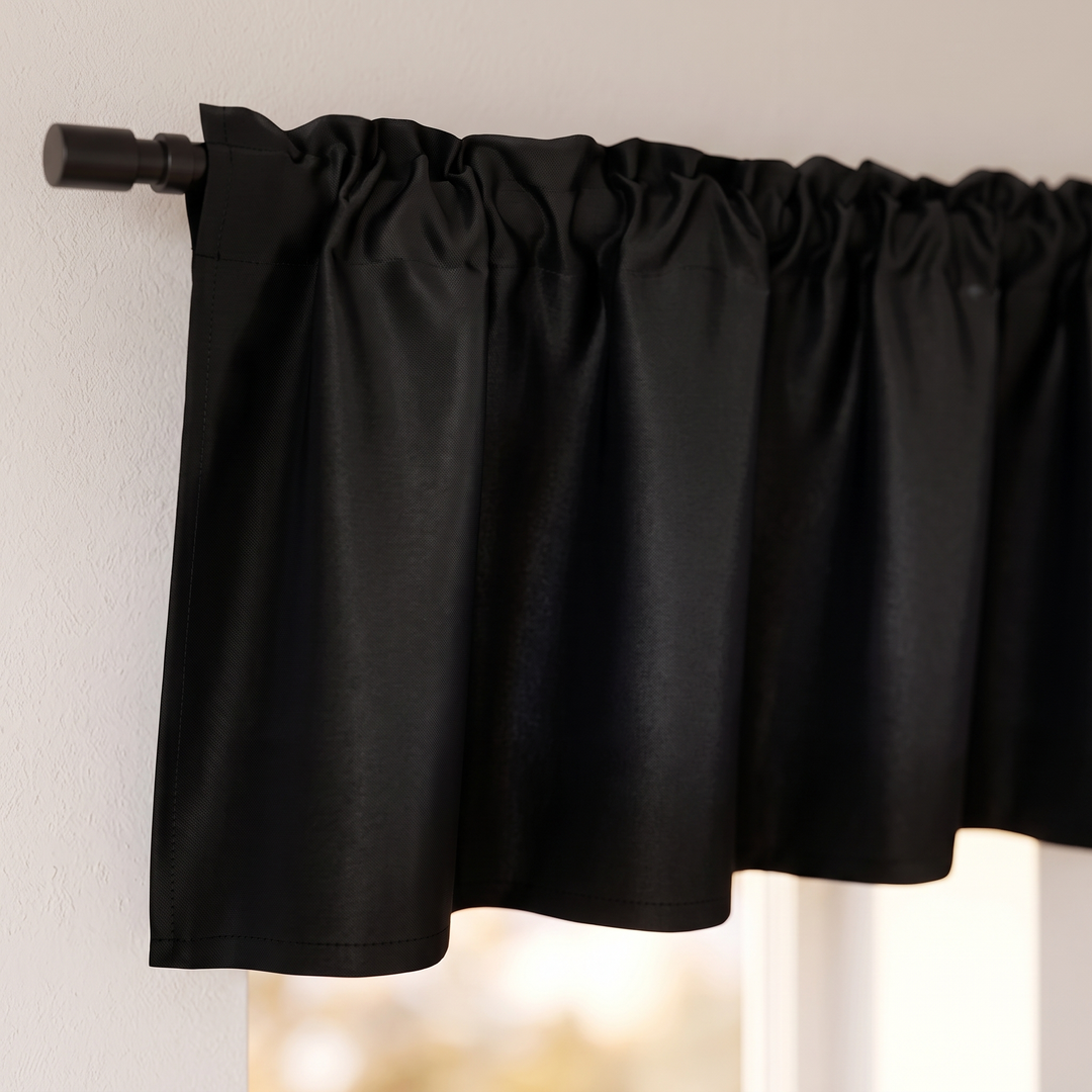 Window Valance – Rod Pocket Top in Black – close-up of gathered heading at the left corner
